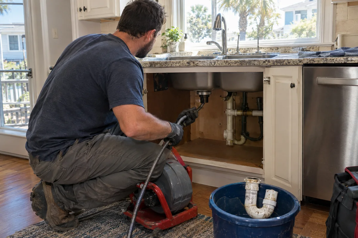 Plumber feeding a drain cable into a kitchen sink drain