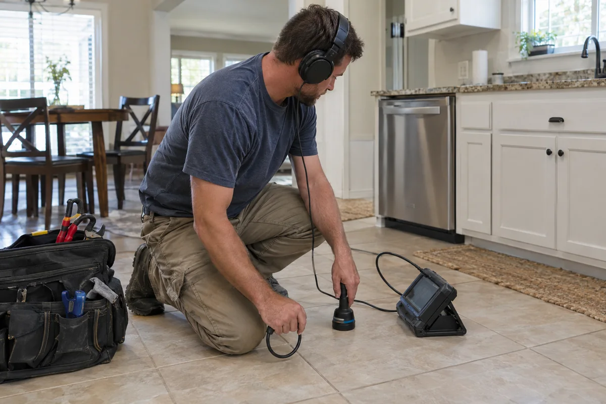Plumber using an acoustic leak detector on a tile floor