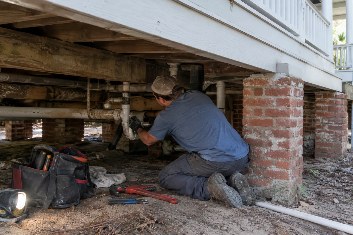 Plumber working on drain pipes beneath a raised historic Charleston single house