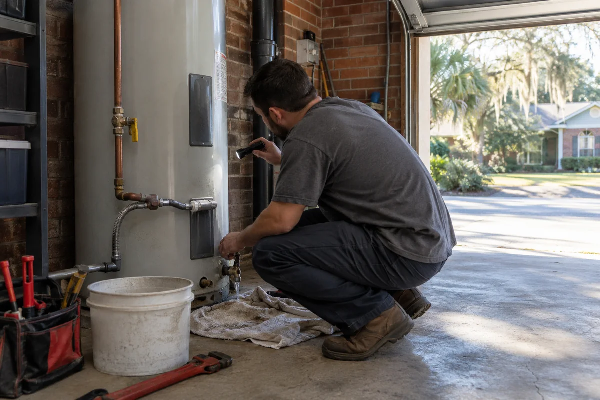 Plumber checking a water heater and supply lines in the utility closet of a Columbia home