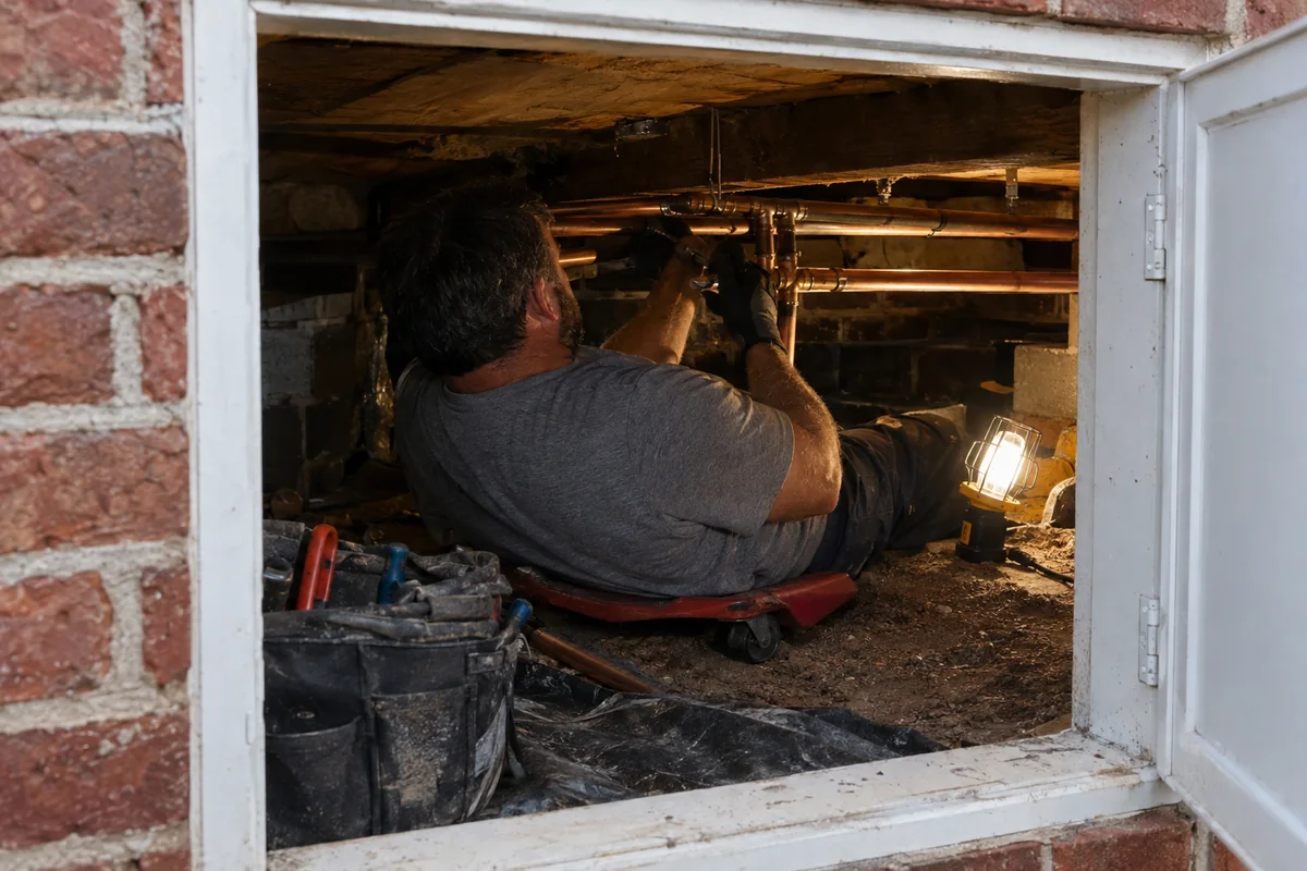 Plumber repairing copper supply lines in the crawl space of an older Greenville home