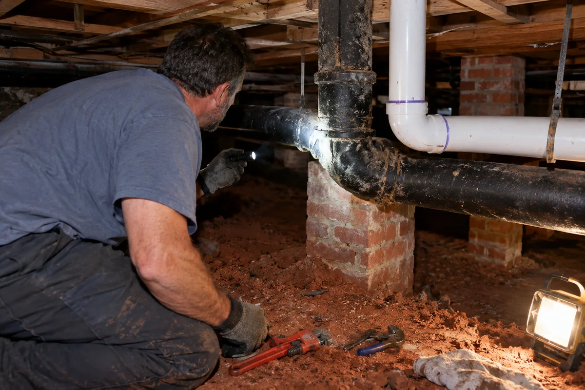 Plumber inspecting old cast-iron drain pipe in the crawl space of a Spartanburg mill house