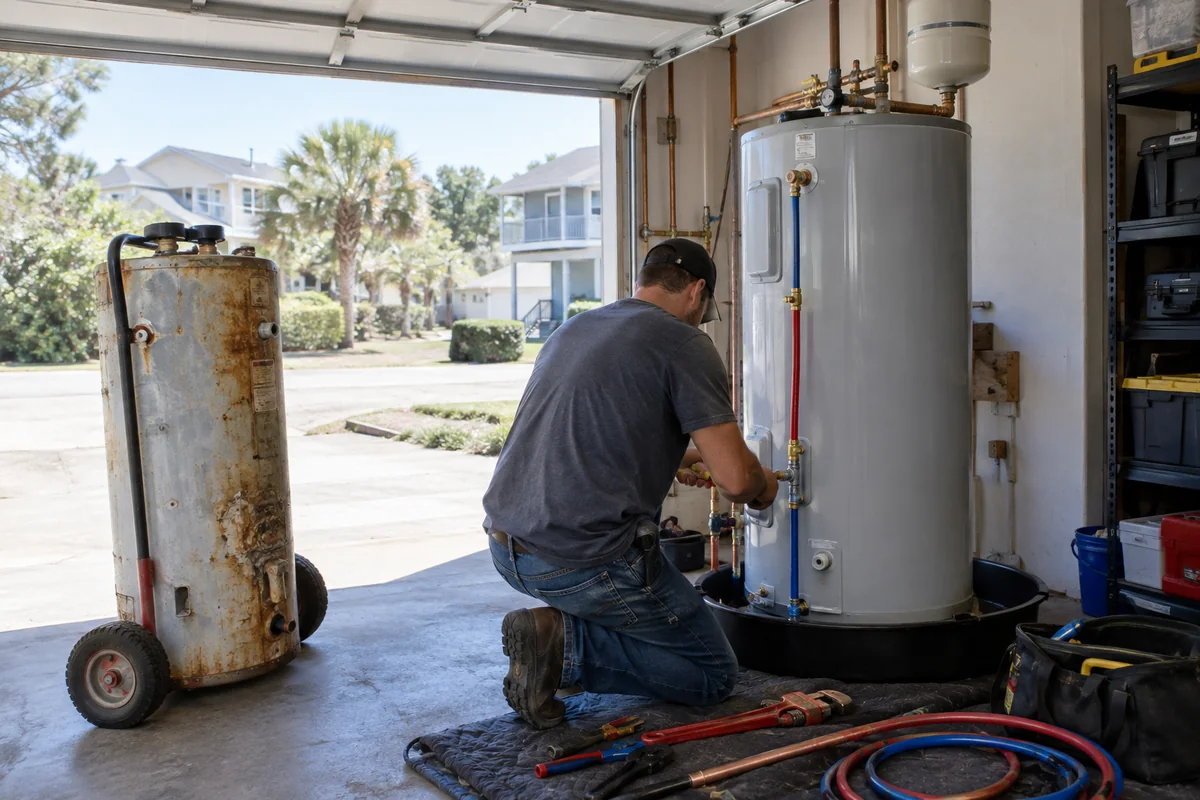 Plumber replacing a water heater in the garage of a newer Summerville home