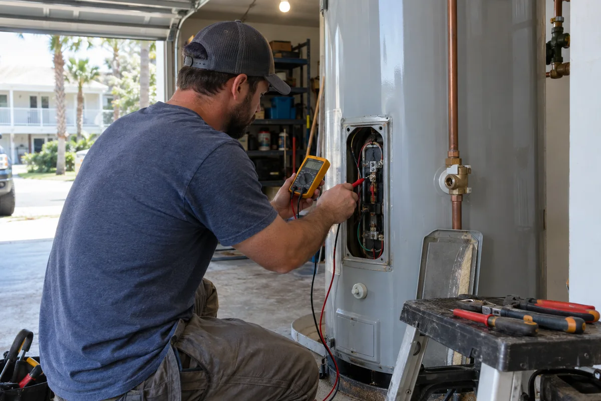 Plumber testing the heating element on an electric tank water heater in a garage