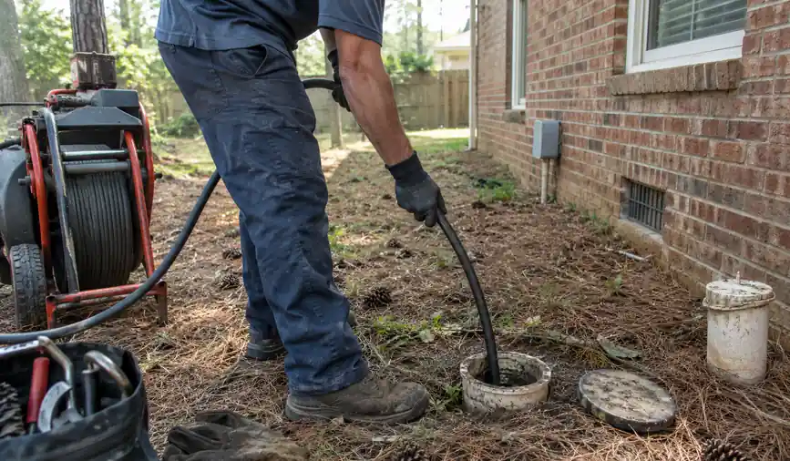 Hydro jetting hose running into an outdoor sewer cleanout in a yard