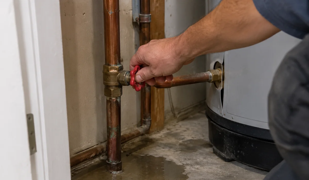 Hand closing a main water shutoff valve on a supply line in a utility closet