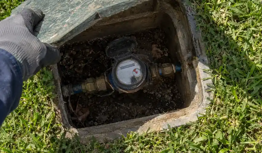Water meter box opened in a front yard with the dial and leak indicator visible