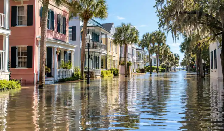 High-tide flooding along a historic downtown Charleston street
