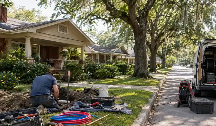 Plumber digging up an old sewer lateral in front of a 1940s bungalow on an oak-lined Columbia street, sewer camera reel nearby