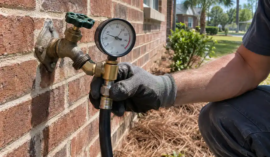 Plumber checking water pressure with a gauge on an outdoor hose bib