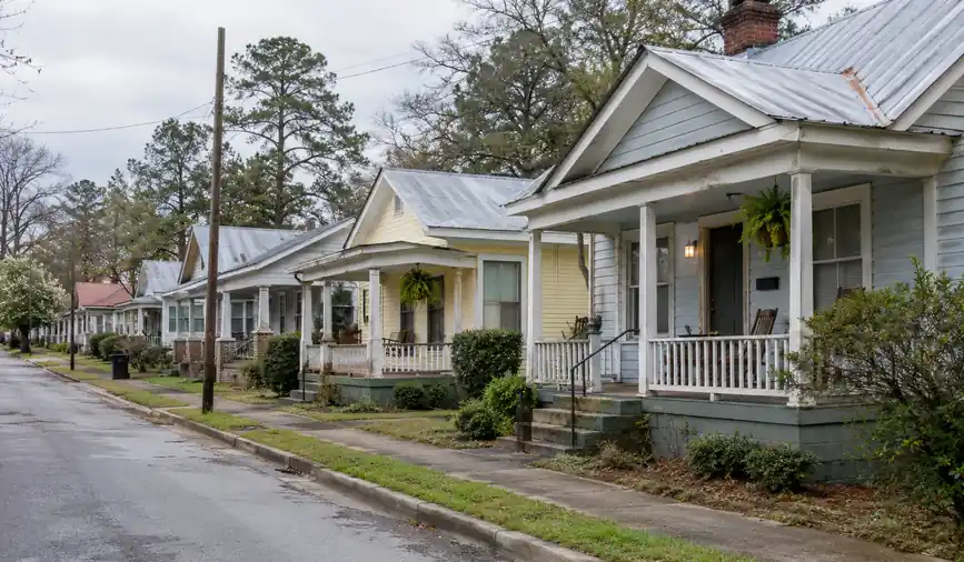 Row of early-1900s mill-village houses with front porches in Spartanburg