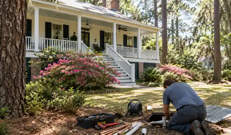 Raised historic cottage under pine trees in Summerville's historic district