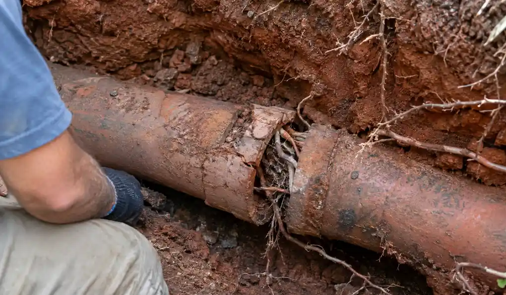 Excavated section of old clay sewer pipe with tree roots in the joint