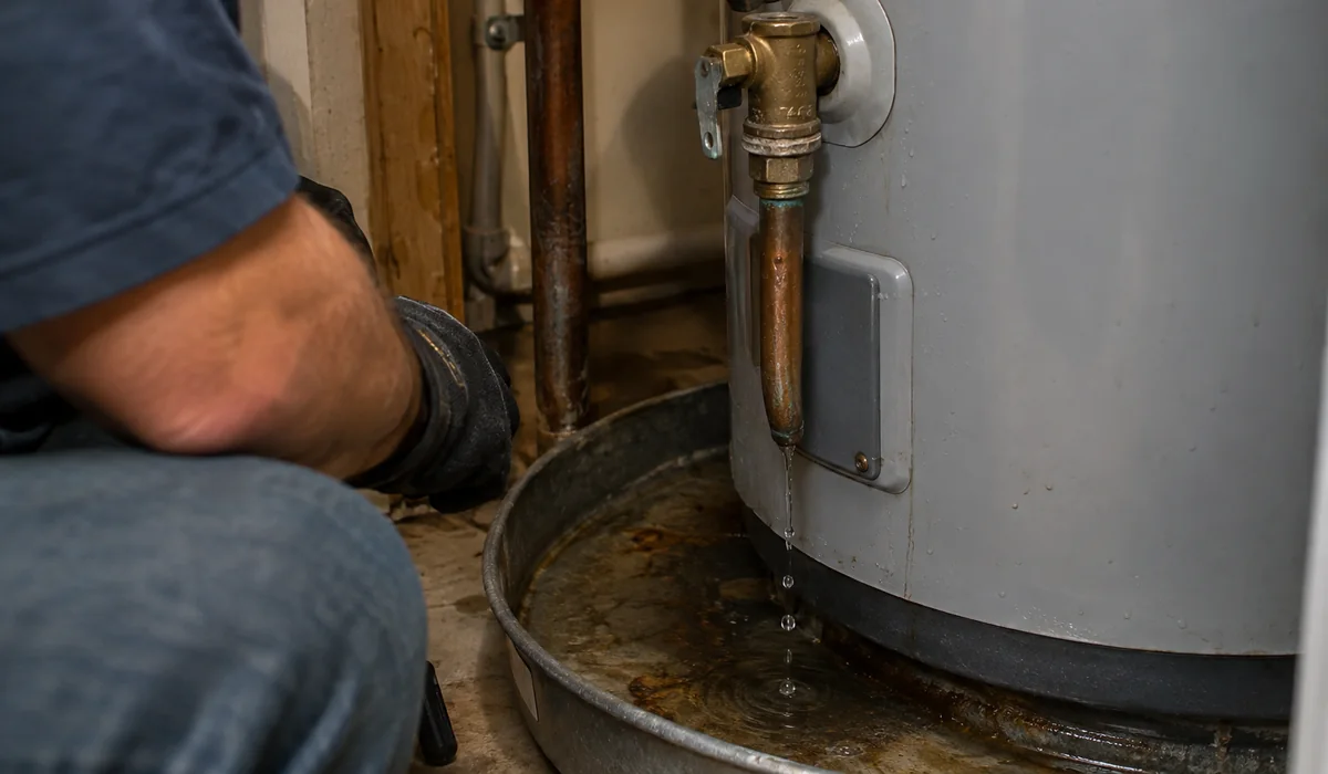 Close view of a water heater temperature and pressure relief valve and discharge pipe